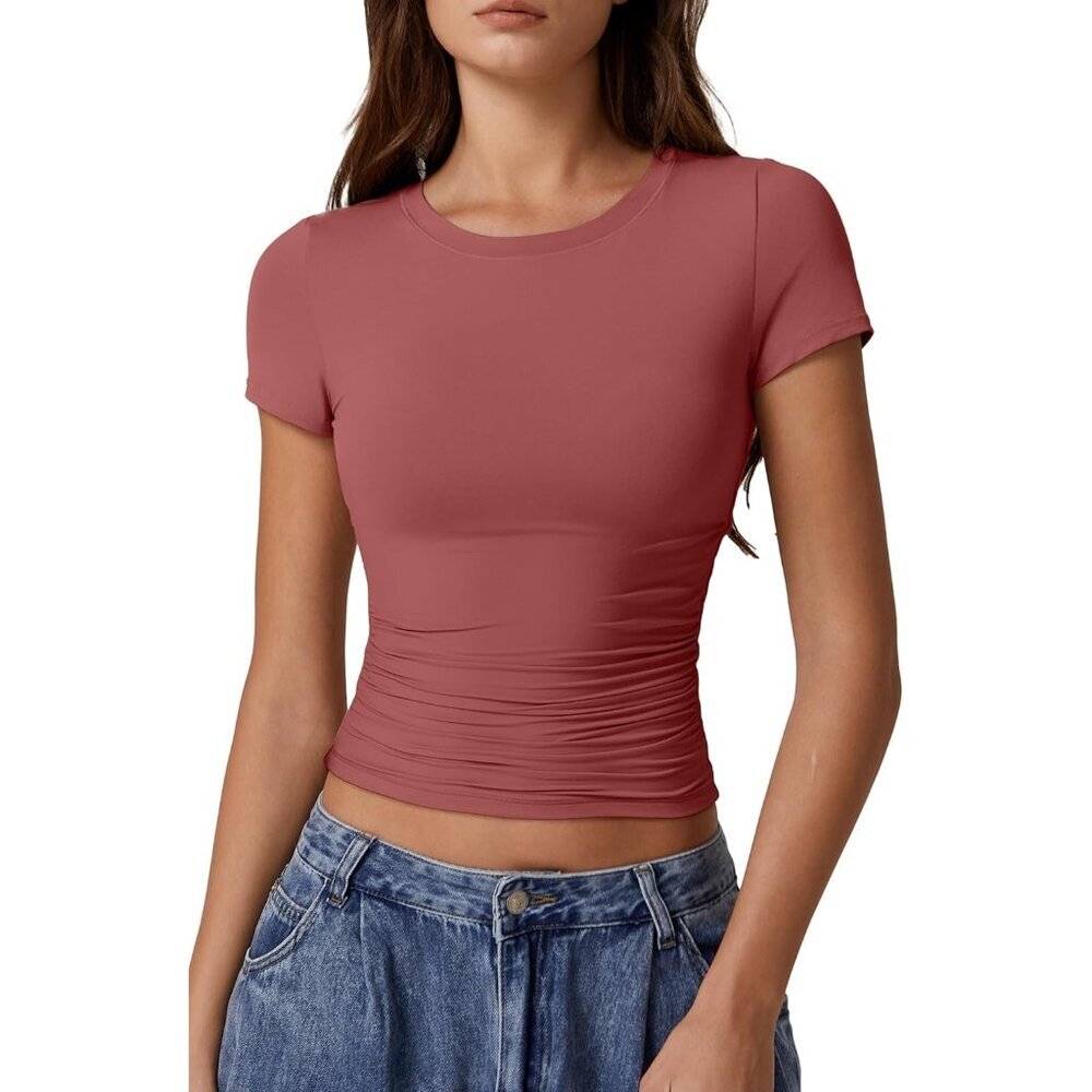 Women's Crop Tops Red Short Sleeve Classic Y2K Round Neck Side Ruched Pleated